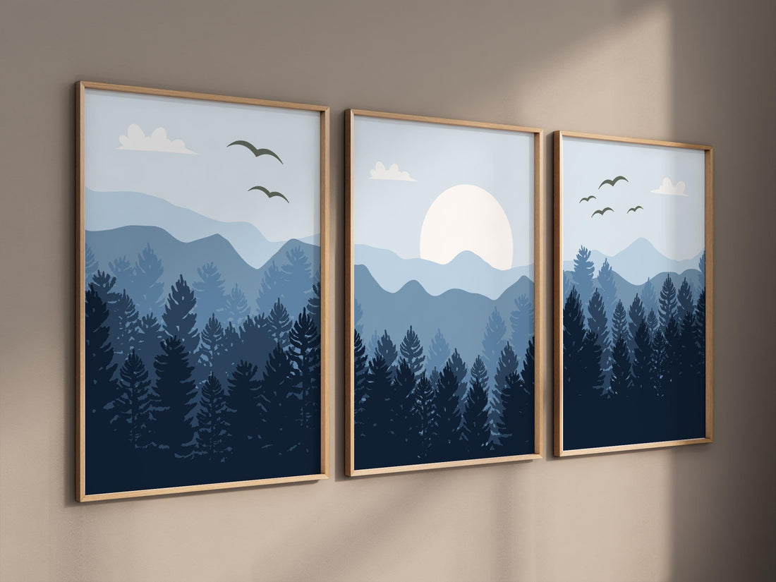 Nursery decor woodland, mountain wall art, blue nursery, tree nursery decor, adventure theme nursery, forest nursery, home decor