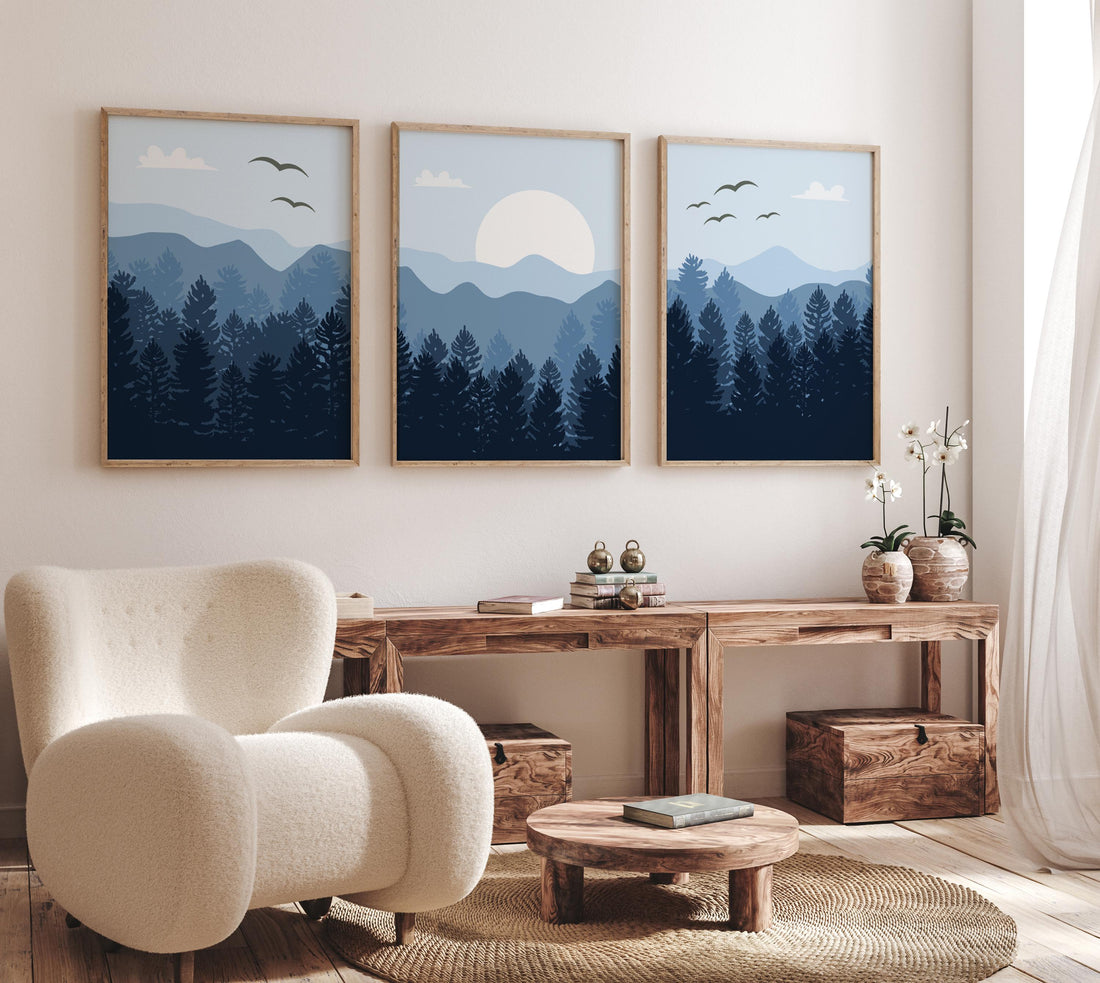 Nursery decor woodland, mountain wall art, blue nursery, tree nursery decor, adventure theme nursery, forest nursery, home decor