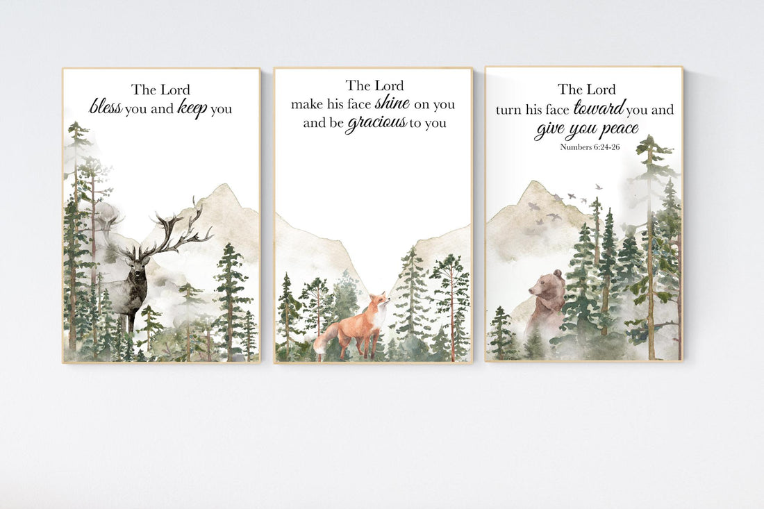 Nursery decor woodland, mountain wall art, tree nursery decor, adventure theme nursery, forest, sage green, bible nursery, verse nursery