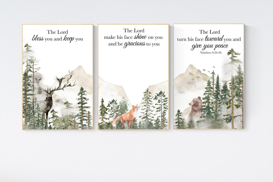 Nursery decor woodland, mountain wall art, tree nursery decor, adventure theme nursery, forest, sage green, bible nursery, verse nursery