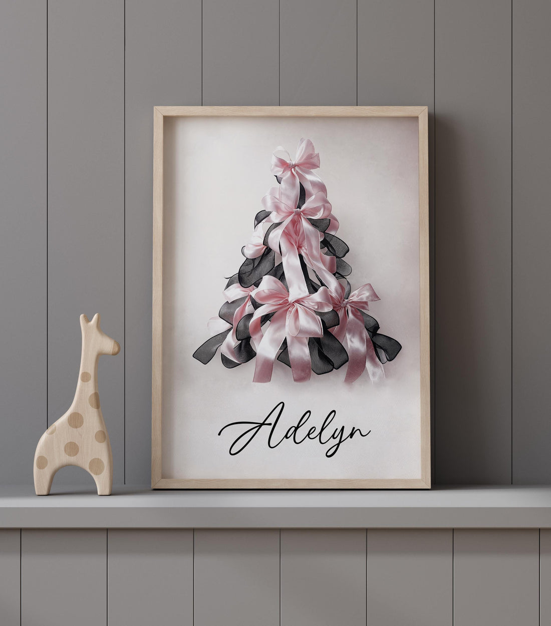Bow print, Christmas tree, Christmas gift, nursery wall art, girls room, teen room, pink and black, ribbon, gift for girls, gift for her