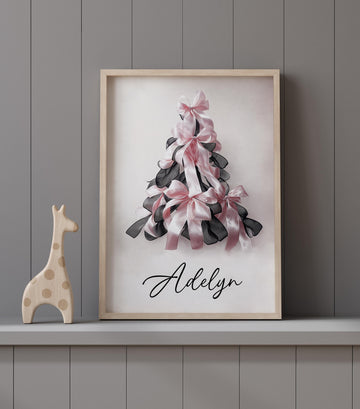 Bow print, Christmas tree, Christmas gift, nursery wall art, girls room, teen room, pink and black, ribbon, gift for girls, gift for her