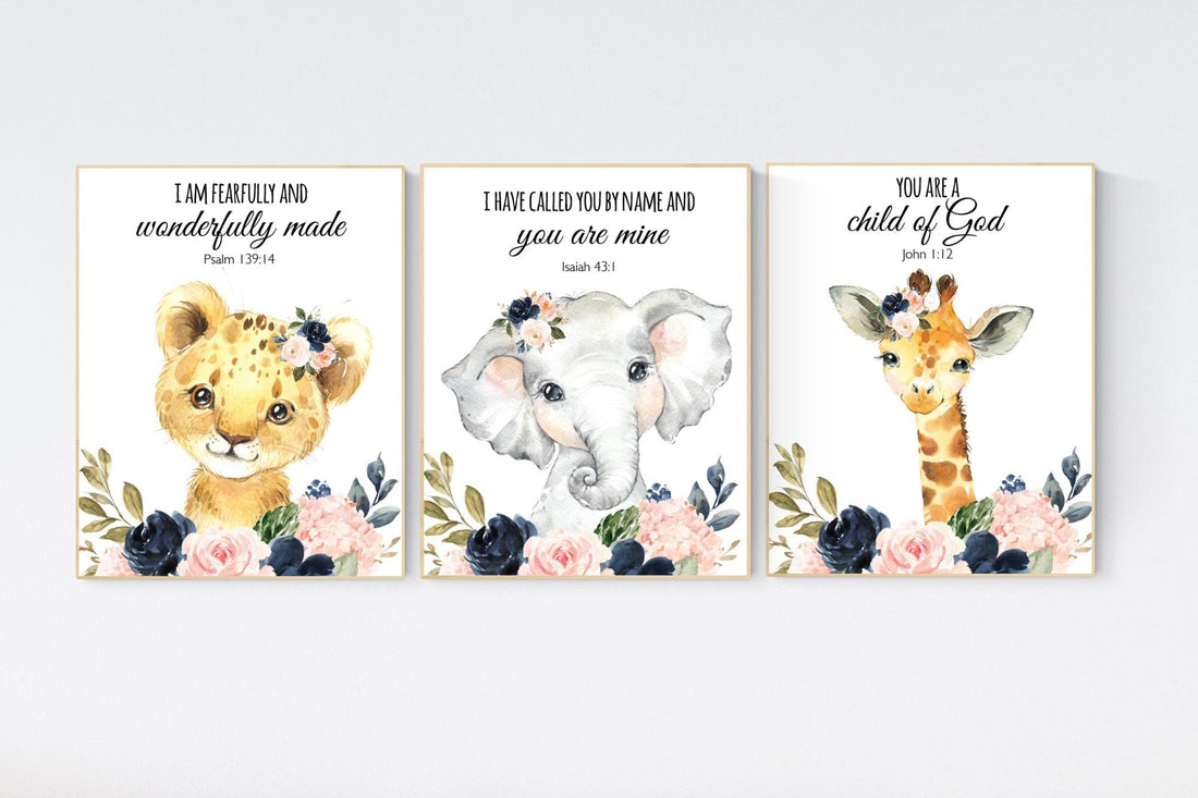 Jungle Animals, Safari Animal Nursery Prints, safari animals, safari nursery, navy and blush, girl nursery, verse nursery, bible verse