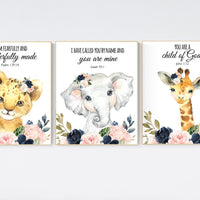 Jungle Animals, Safari Animal Nursery Prints, safari animals, safari nursery, navy and blush, girl nursery, verse nursery, bible verse