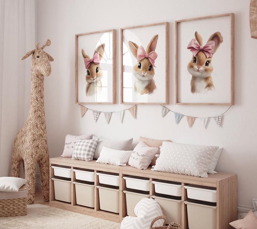 Nursery wall art girl bunnies, bunny nursery print, rabbit nursery, bunny nursery decor, bow nursery, bow print, blush nursery, girl nursery