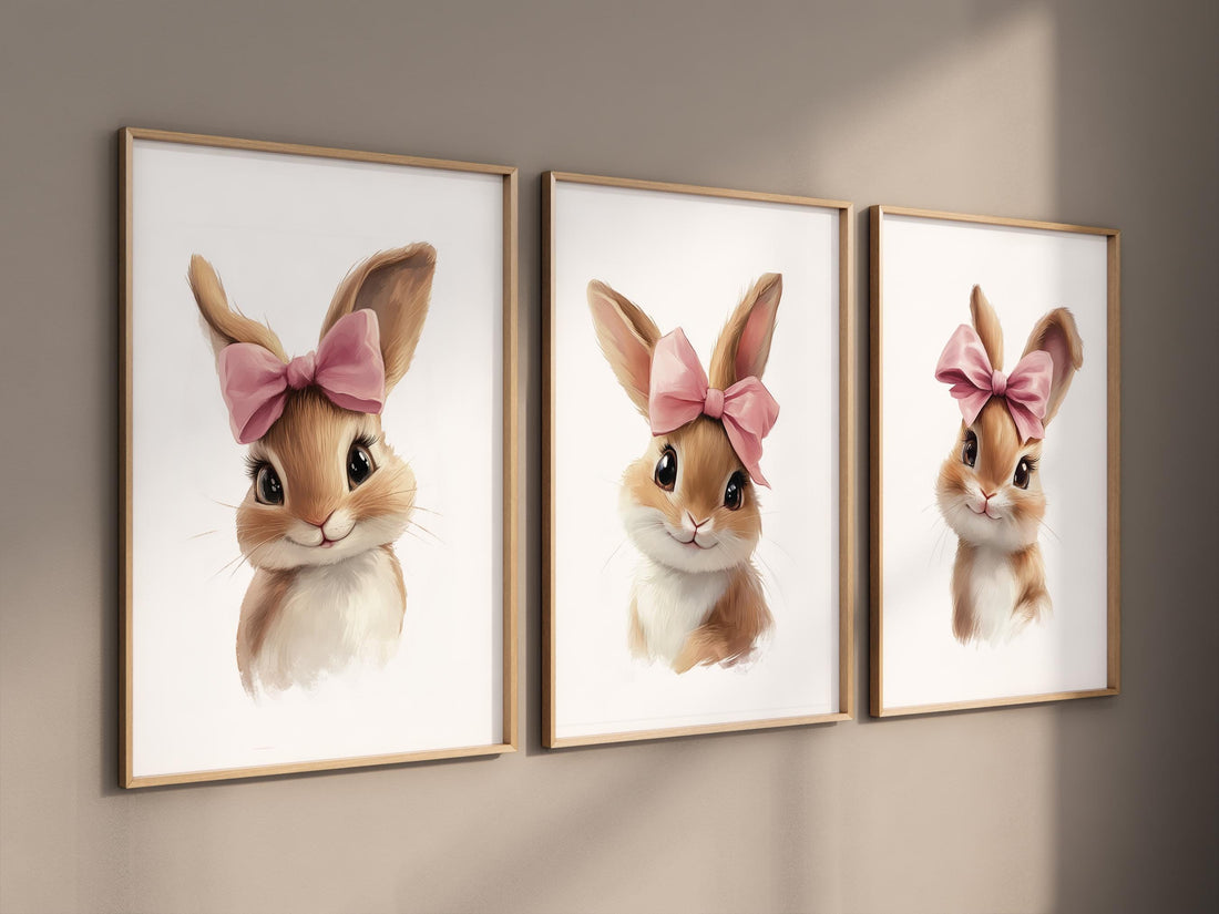 Nursery wall art girl bunnies, bunny nursery print, rabbit nursery, bunny nursery decor, bow nursery, bow print, blush nursery, girl nursery