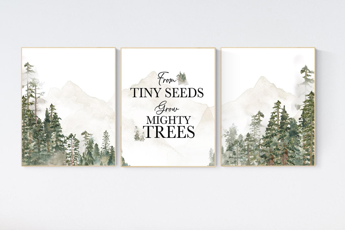 Nursery decor mountain, nursery wall art, tree nursery decor, adventure theme nursery, forest print, beige, mighty seeds grow mighty trees