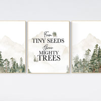 Nursery decor mountain, nursery wall art, tree nursery decor, adventure theme nursery, forest print, beige, mighty seeds grow mighty trees