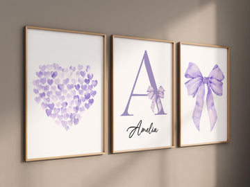 Personalized name wall art, purple bow nursery print, heart watercolor poster, initial letter decor, baby girl room art, lavender print