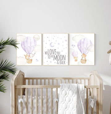 Girl nursery wall art, Hot air balloon prints, purple nursery, lilac nursery, woodland nursery, animal prints, lavender nursery, girls room
