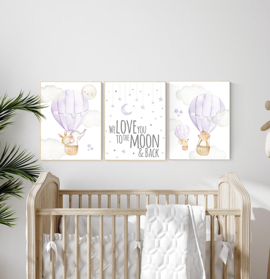 Girl nursery wall art, Hot air balloon prints, purple nursery, lilac nursery, woodland nursery, animal prints, lavender nursery, girls room