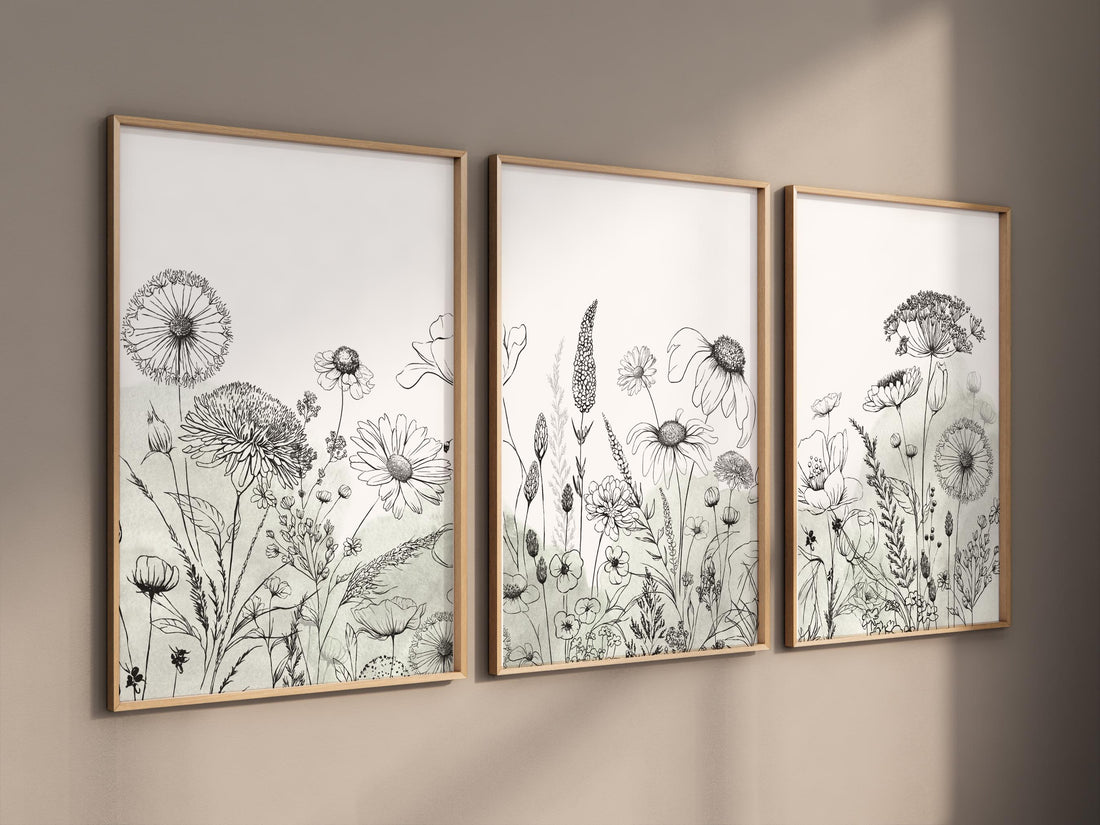 Botanical line art, floral wall decor, sage green prints, wildflower art, Boho Botanical Prints, Wildflower Nursery Decor, floral nursery