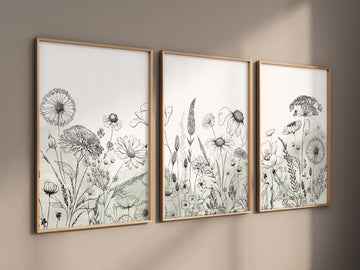 Botanical line art, floral wall decor, sage green prints, wildflower art, Boho Botanical Prints, Wildflower Nursery Decor, floral nursery