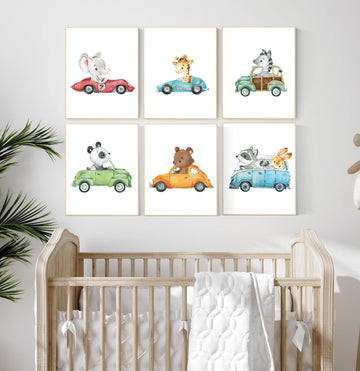Animal car wall art, nursery vehicle print, safari animal decor, kids room car posters, baby boy nursery art, watercolor animal cars