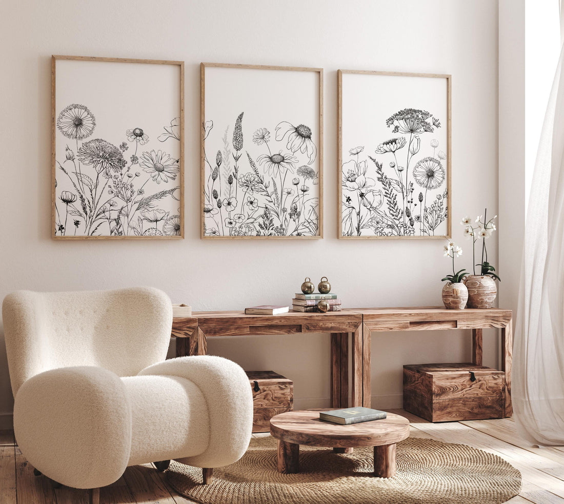 Botanical line art, floral wall decor, wildflower art, Boho Botanical Prints, Wildflower Nursery Decor, floral nursery, black and white