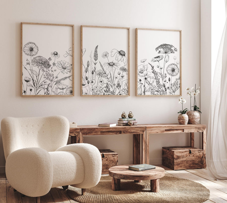 Botanical line art, floral wall decor, wildflower art, Boho Botanical Prints, Wildflower Nursery Decor, floral nursery, black and white