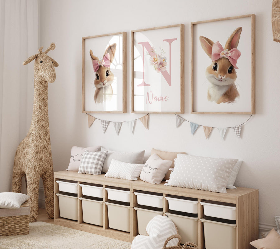 Nursery wall art girl bunnies, bunny nursery print, rabbit nursery, bunny nursery decor, bow nursery, bow print, blush nursery, girl nursery