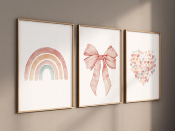 Bow print wall art, rainbow print, Bow nursery print, Bow nursery wall art, bow nursery art, bow nursery decor, heart print, peach color