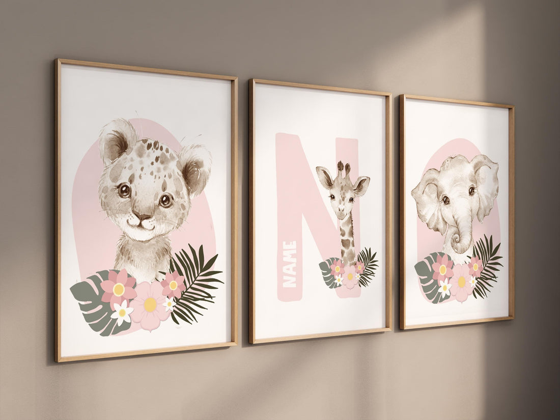 Safari Animals, girl nursery, Animals Prints, Woodland Nursery Decor, Safari Nursery Wall Art, floral animal prints, Pink Safari Animals