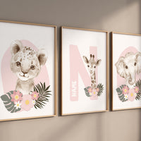 Safari Animals, girl nursery, Animals Prints, Woodland Nursery Decor, Safari Nursery Wall Art, floral animal prints, Pink Safari Animals