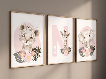 Safari Animals, girl nursery, Animals Prints, Woodland Nursery Decor, Safari Nursery Wall Art, floral animal prints, Pink Safari Animals