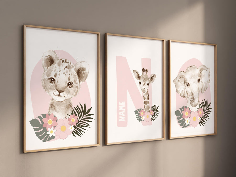 Safari Animals, girl nursery, Animals Prints, Woodland Nursery Decor, Safari Nursery Wall Art, floral animal prints, Pink Safari Animals