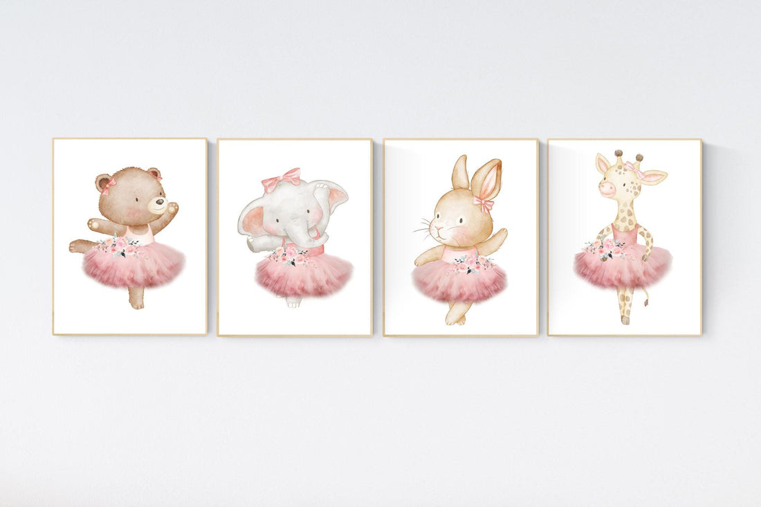 Ballerina animals, baby room decor girl, Elephant nursery, bunny nursery, bear nursery, nursery prints girl, ballet prints, ballet animals