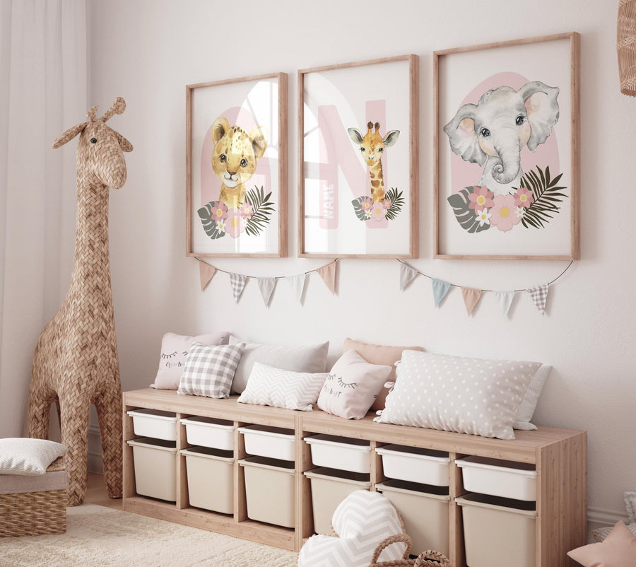 Safari Animals, girl nursery, Animals Prints, Woodland Nursery Decor, Safari Nursery Wall Art, floral animal prints, Pink Safari Animals