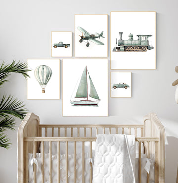 Vehicle art print set, sage green, Boys room, car train plane boat hot air balloon, boys transportation print, boys nursery room decor