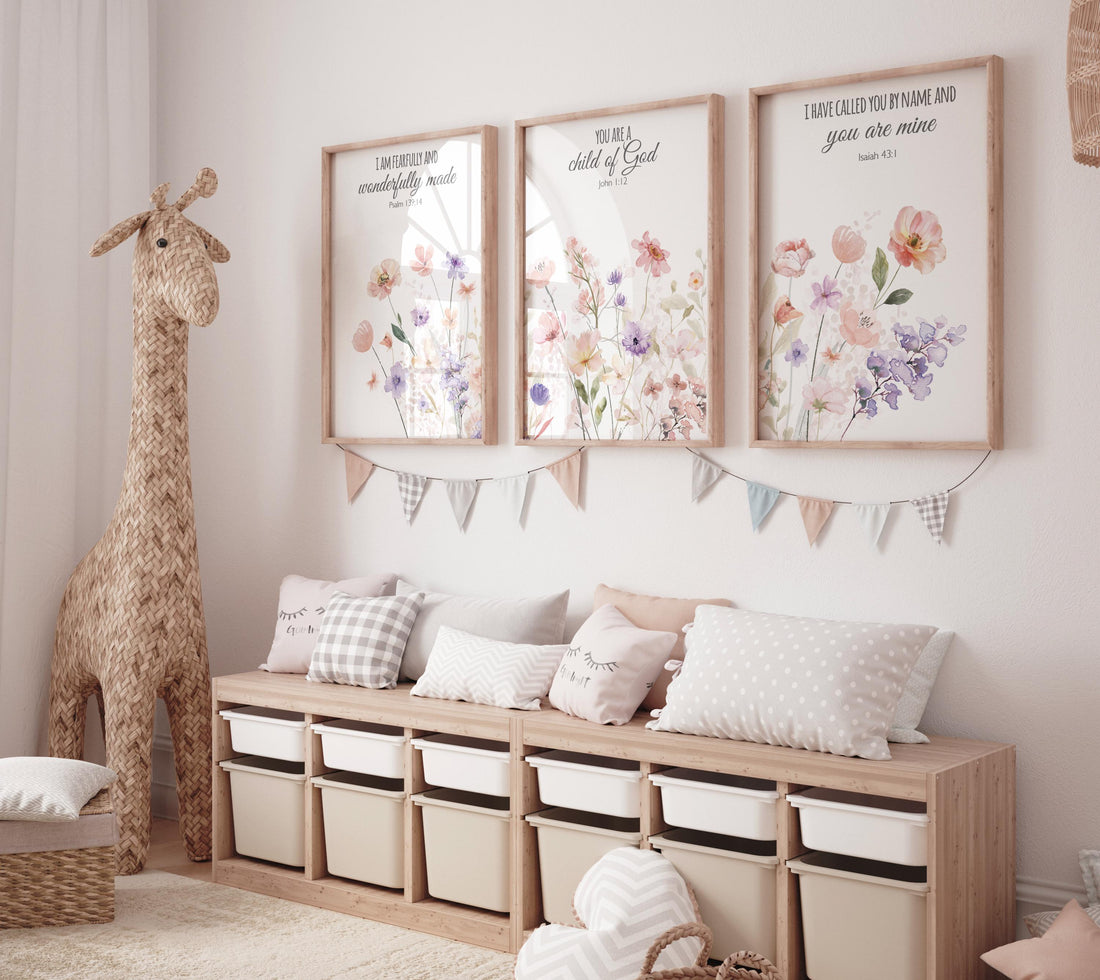 Wildflower Nursery, Boho prints, Botanical Prints, girl nursery decor, floral nursery, blush pink and purple, bible verse, christian art