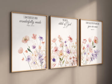 Wildflower Nursery, Boho prints, Botanical Prints, girl nursery decor, floral nursery, blush pink and purple, bible verse, christian art
