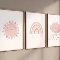 Pink rainbow wall decor, Nursery prints rainbow, Blush nursery wall art, blush pink, sun nursery art, Cloud and rainbow prints