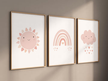 Pink rainbow wall decor, Nursery prints rainbow, Blush nursery wall art, blush pink, sun nursery art, Cloud and rainbow prints