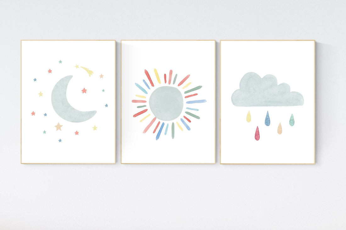 Nursery prints moon, Nursery decor gender neutral, nursery wall art, sun print, cloud print, nursery wall art neutral nursery print