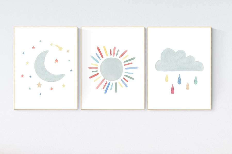 Nursery prints moon, Nursery decor gender neutral, nursery wall art, sun print, cloud print, nursery wall art neutral nursery print