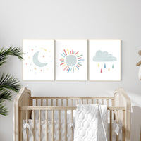 Nursery prints moon, Nursery decor gender neutral, nursery wall art, sun print, cloud print, nursery wall art neutral nursery print