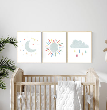 Nursery prints moon, Nursery decor gender neutral, nursery wall art, sun print, cloud print, nursery wall art neutral nursery print