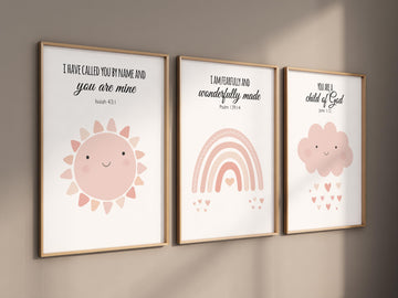 Pink rainbow wall decor, Nursery prints rainbow, Blush nursery wall art, bible verse, christian art, sun nursery art, Cloud, rainbow prints