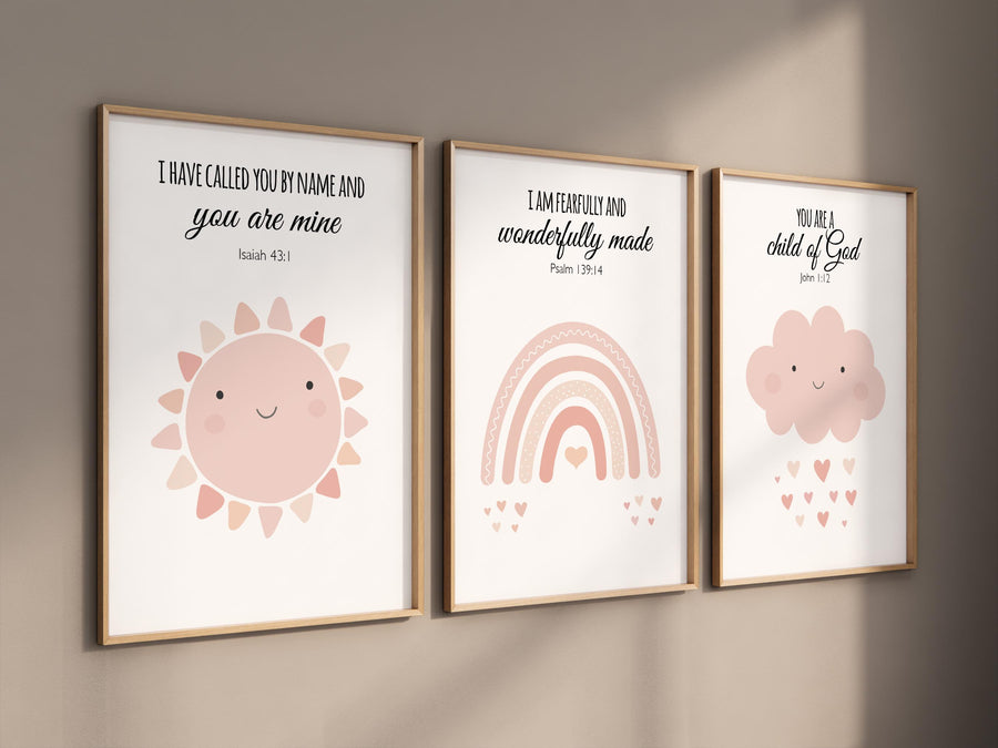 Pink rainbow wall decor, Nursery prints rainbow, Blush nursery wall art, bible verse, christian art, sun nursery art, Cloud, rainbow prints