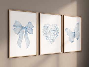 Blue bow nursery prints, Watercolor heart wall art, Bow nursery print, Blue nursery art set, Watercolor Bow Prints, nursery decor bow
