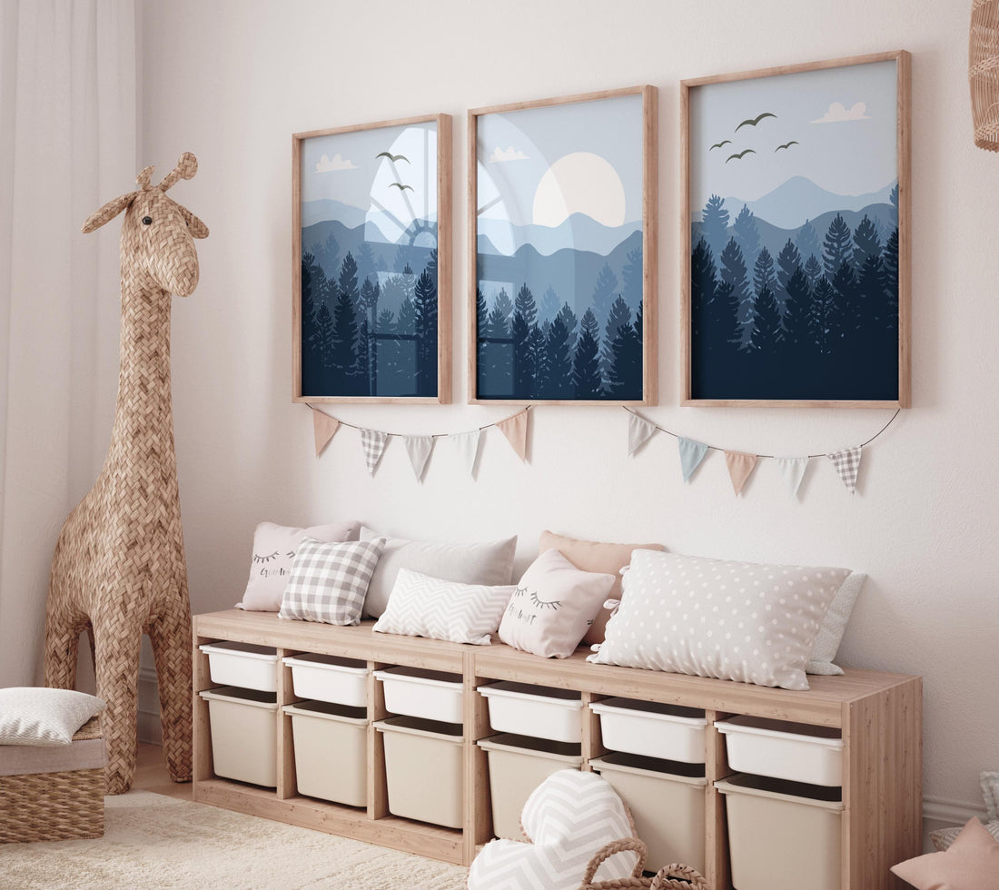 Nursery decor woodland, mountain wall art, blue nursery, tree nursery decor, adventure theme nursery, forest nursery, home decor
