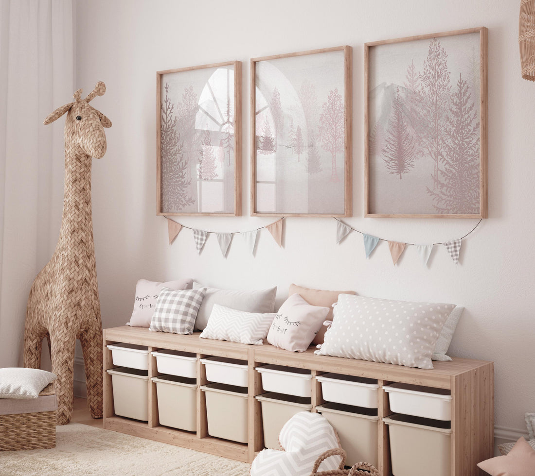 Nursery decor woodland, mountain wall art, pink nursery decor, adventure theme nursery, forest, pink and gray, woodland animals