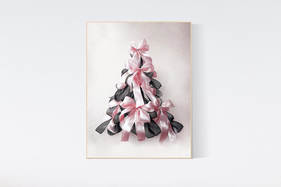 Bow print, Christmas tree, Christmas gift, nursery wall art, girls room, teen room, pink and black, ribbon, gift for girls, gift for her