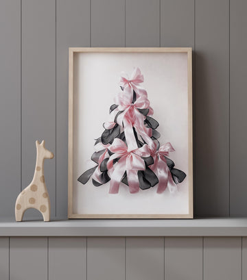Bow print, Christmas tree, Christmas gift, nursery wall art, girls room, teen room, pink and black, ribbon, gift for girls, gift for her