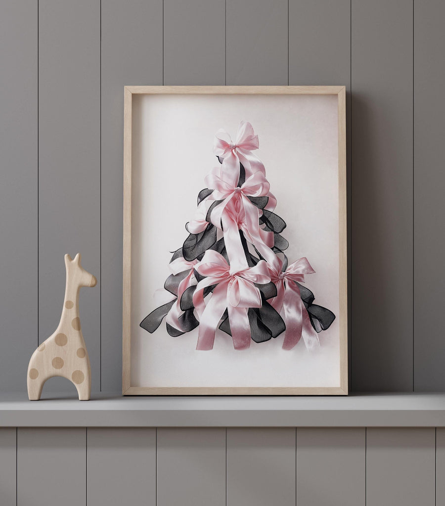 Bow print, Christmas tree, Christmas gift, nursery wall art, girls room, teen room, pink and black, ribbon, gift for girls, gift for her