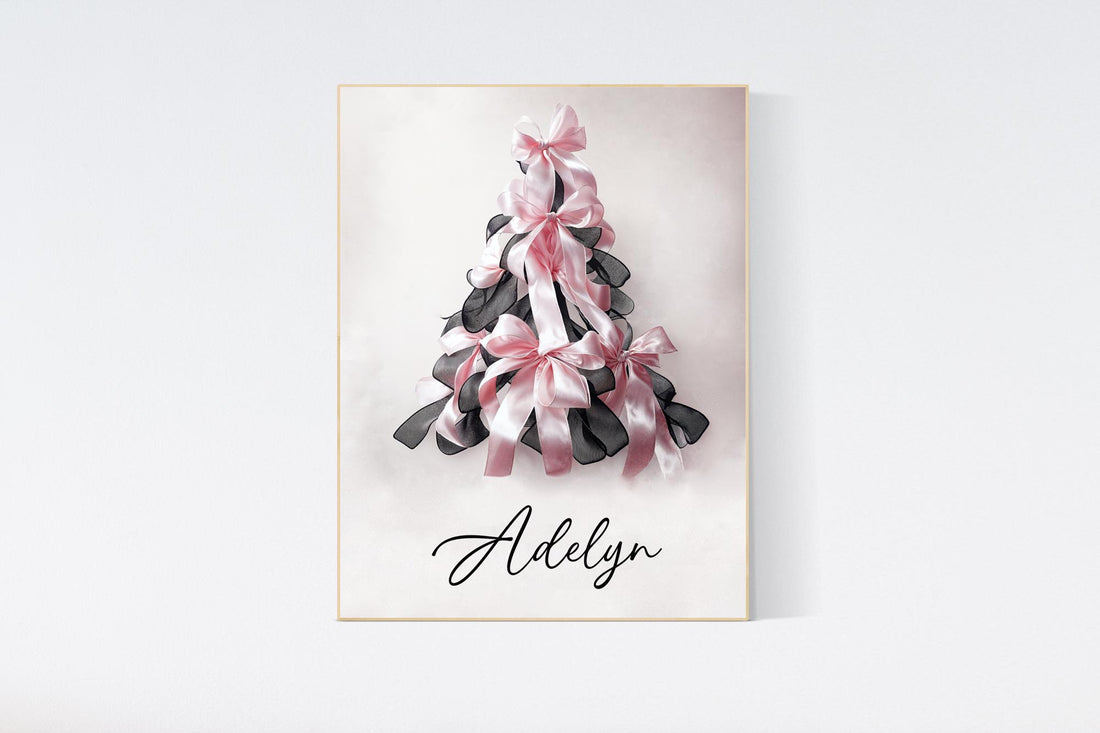 Bow print, Christmas tree, Christmas gift, nursery wall art, girls room, teen room, pink and black, ribbon, gift for girls, gift for her
