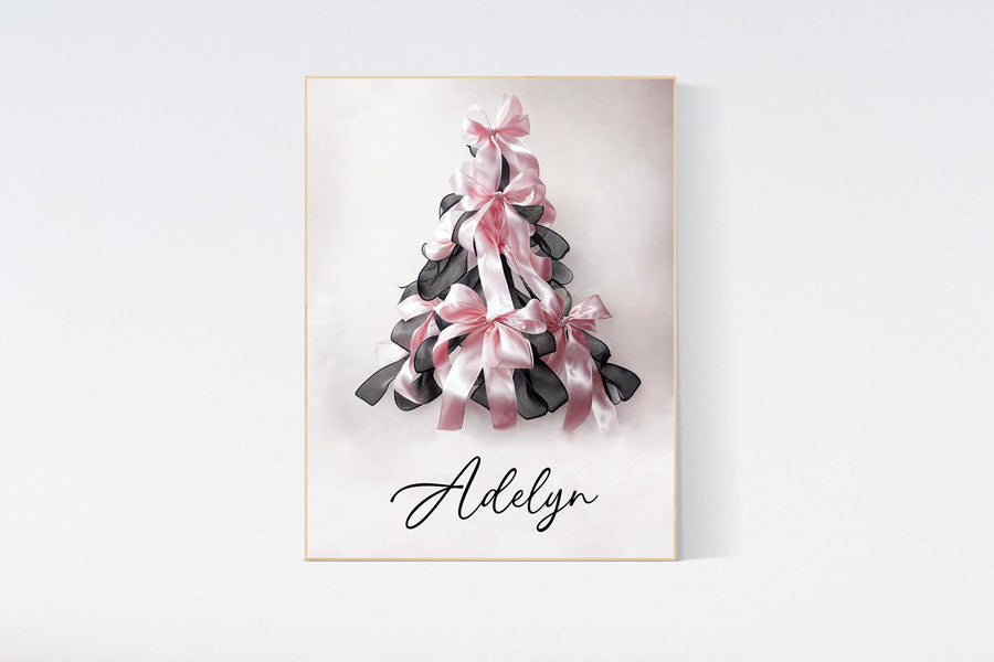 Bow print, Christmas tree, Christmas gift, nursery wall art, girls room, teen room, pink and black, ribbon, gift for girls, gift for her