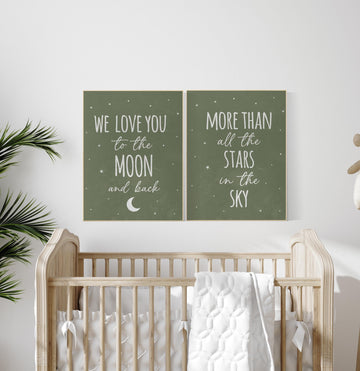 Nursery decor sage green, we love you to the moon and back, Nursery wall art,  green nursery decor, moon and stars, nursery prints