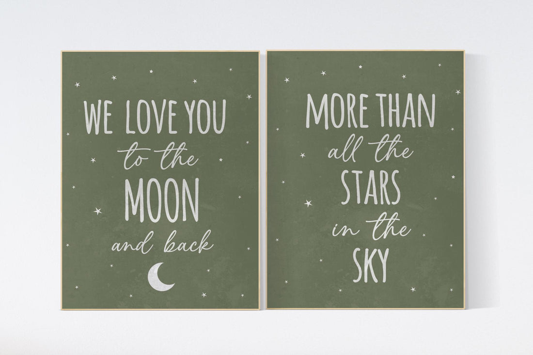 Nursery decor sage green, we love you to the moon and back, Nursery wall art,  green nursery decor, moon and stars, nursery prints