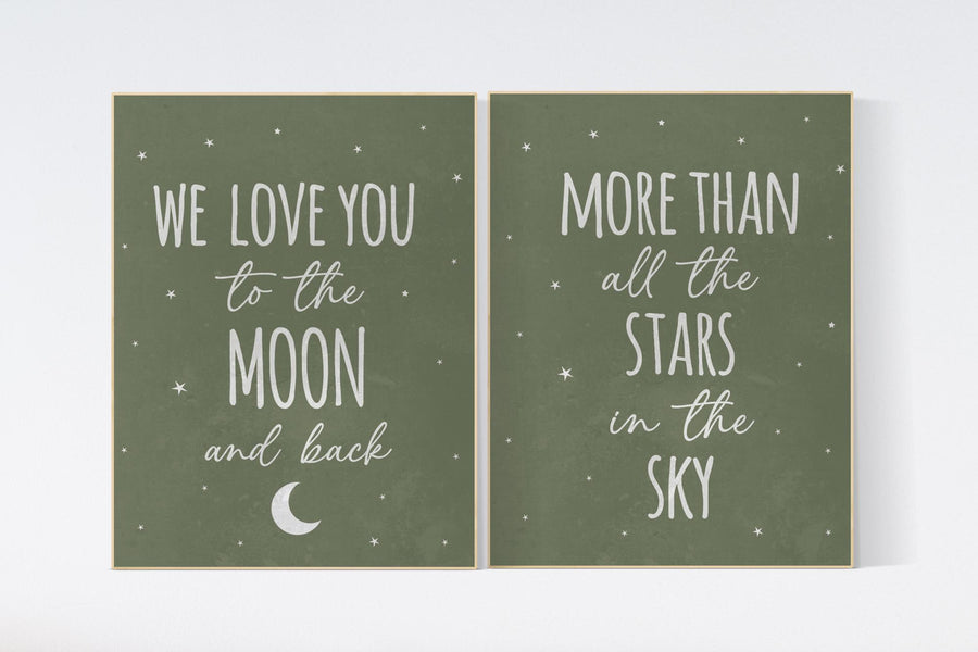 Nursery decor sage green, we love you to the moon and back, Nursery wall art,  green nursery decor, moon and stars, nursery prints